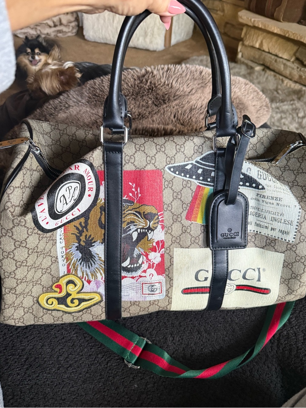 Gucci Beige logo GG artist painted Duffel with Black Trim bag